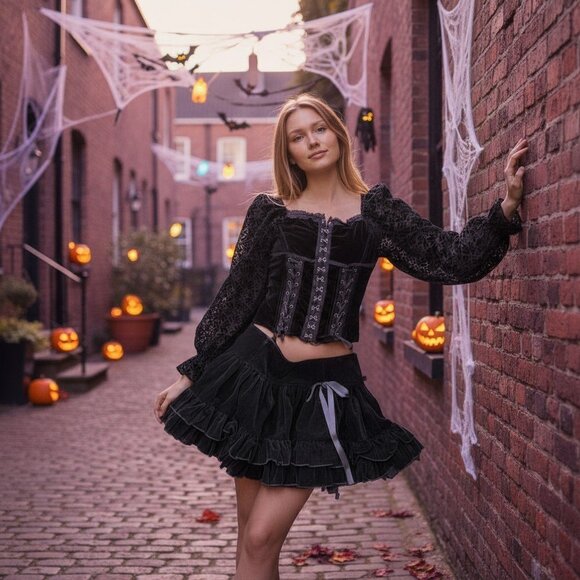 Shrine Women's Gothic Corset Top Mini Skirt Set Vintage Halloween Costume Y2K - Picture 1 of 13